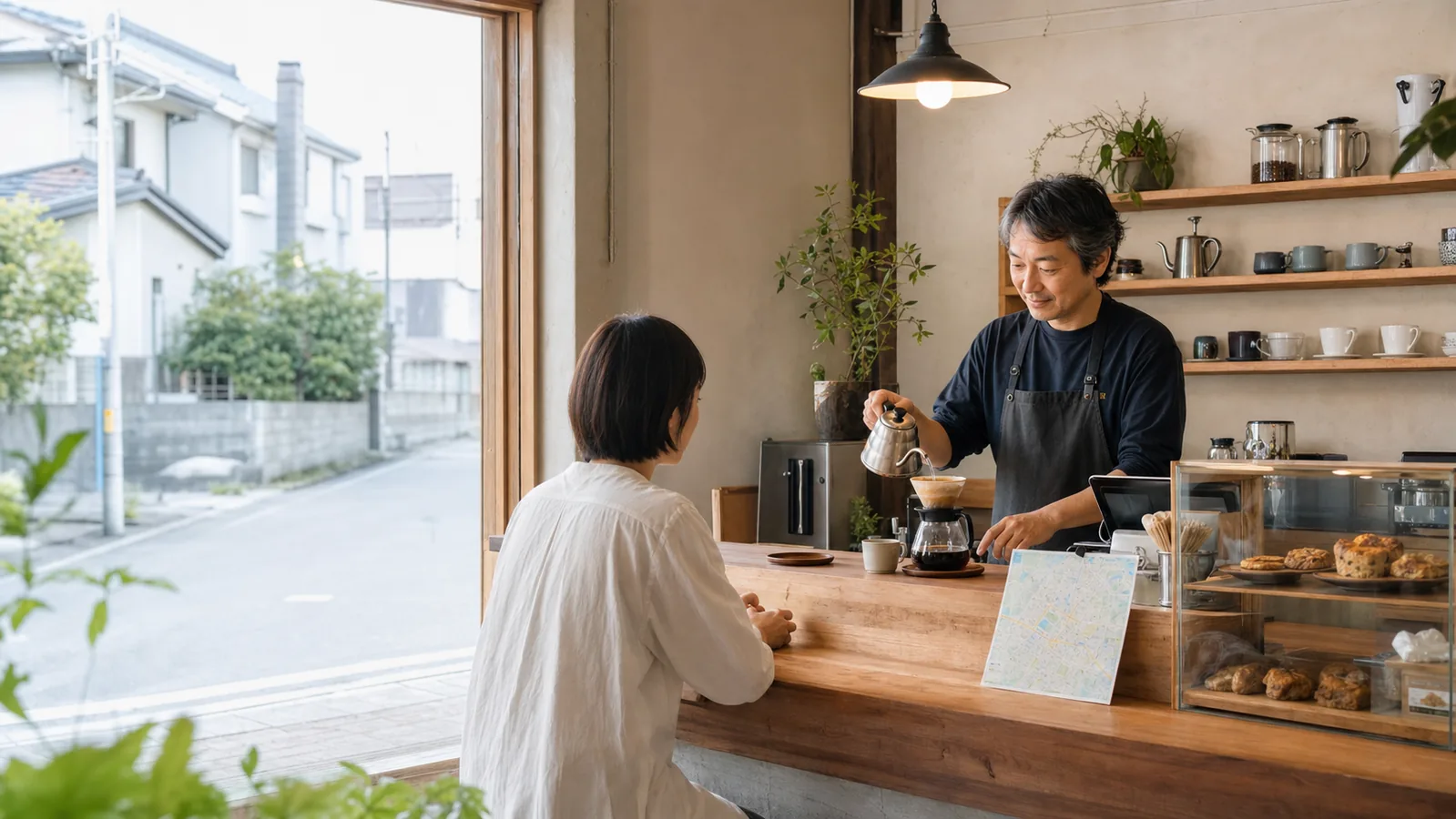 Concept photograph of an owner preparing hand-poured coffee in a fictional Kurume cafe